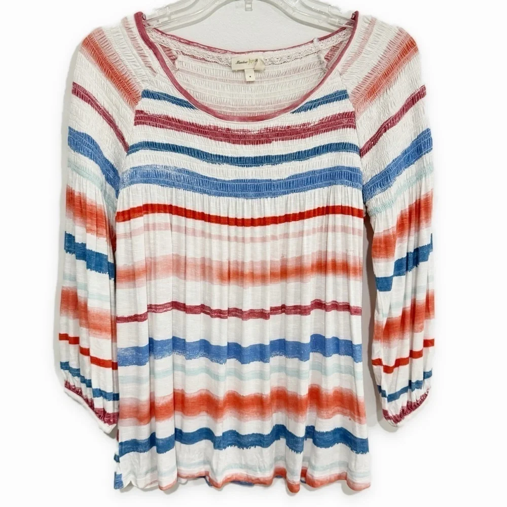 Meadow Rue | Anthro Smocked Peasant Top Striped Spandex Blue Red Size Small - Picture 2 of 6